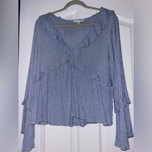 American Eagle Ruffle Blue Long-Sleeve Shirt, Size Women’s Medium